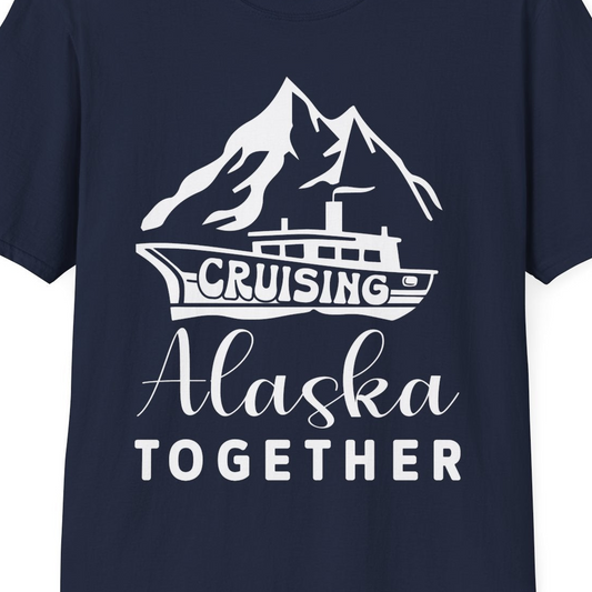 Cruising Alaska Together Mountains and Ship Family Cruise Shirt — T-Shirt T-Shirt – Navy – Alaska Cruise Shirts Close Up