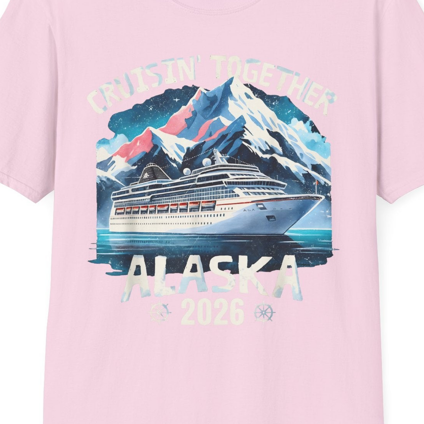 Alaska Cruise 2026 Shirt T-Shirt – Light Pink – Alaska Cruise Shirts Close Up