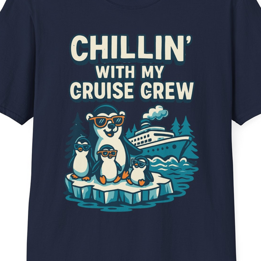 Chillin With My Cruise Crew Cute Penguins Alaska Cartoon Shirt — T-Shirt T-Shirt – Navy – Alaska Cruise Shirts Close Up
