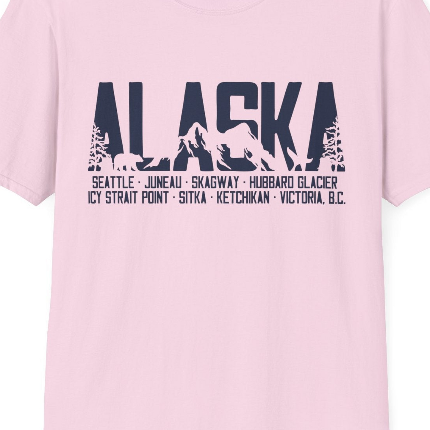 Alaska Cruise Silhouette Wildlife Destinations Shirt Seattle Juneau — T-Shirt T-Shirt – Light Pink – Alaska Cruise Shirts Close Up