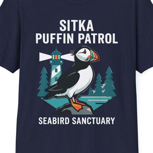 Sitka Puffin Bird Sanctuary Shirt T-Shirt – Navy – Alaska Cruise Shirts Close Up