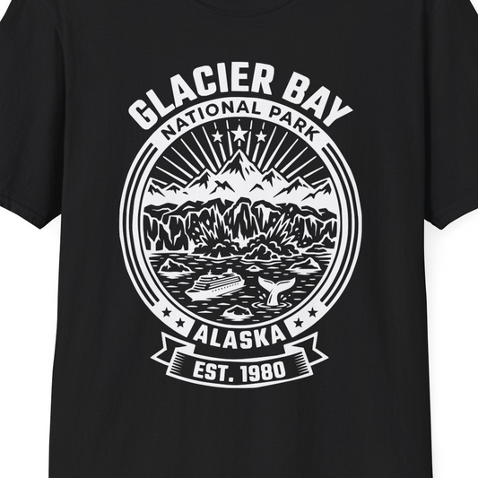 Glacier Bay Alaska National Park Adventure Shirt for Travelers — T-Shirt T-Shirt – Black – Alaska Cruise Shirts Close Up