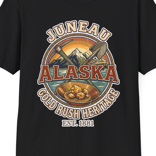Juneau Alaska Gold Rush Heritage Vintage Travel T-Shirt — T-Shirt T-Shirt – Black – Alaska Cruise Shirts Close Up