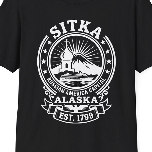 Sitka Alaska Russian America Heritage Cruise T-Shirt Est 1799 — T-Shirt T-Shirt – Black – Alaska Cruise Shirts Close Up