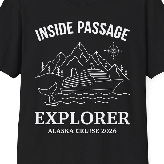 Inside Passage Explorer Alaska Cruise Adventure 2026 Shirt — T-Shirt T-Shirt – Black – Alaska Cruise Shirts Close Up