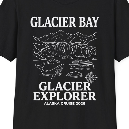Glacier Bay Alaska Cruise 2026 Glacier Explorer Souvenir Shirt — T-Shirt T-Shirt – Black – Alaska Cruise Shirts Close Up