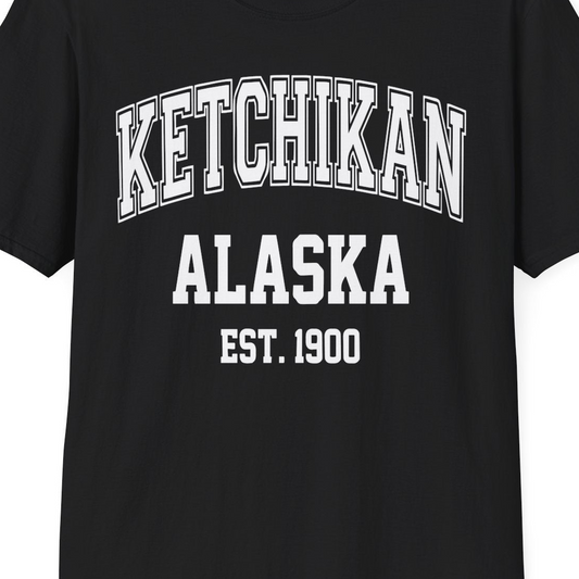 Ketchikan Alaska Collegiate Style Est 1900 Vintage Tee Shirt — T-Shirt T-Shirt – Black – Alaska Cruise Shirts Close Up