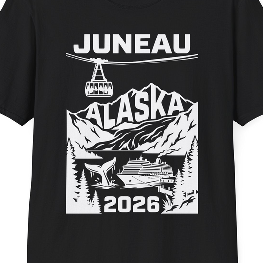 Juneau Alaska Cruise 2026 Scenic Whale and Cable Car Shirt — T-Shirt T-Shirt – Black – Alaska Cruise Shirts Close Up