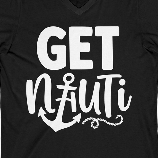 Get Nauti Nautical Pun Shirt with Anchor and Rope Graphic — V-Neck V-Neck Shirt – Alaska Cruise Shirts Close Up