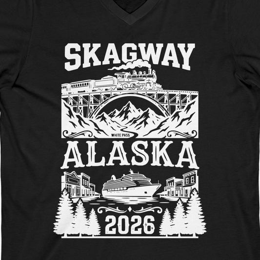 Skagway Alaska Cruise 2026 Shirt with Train and Mountains — V-Neck V-Neck Shirt – Alaska Cruise Shirts Close Up