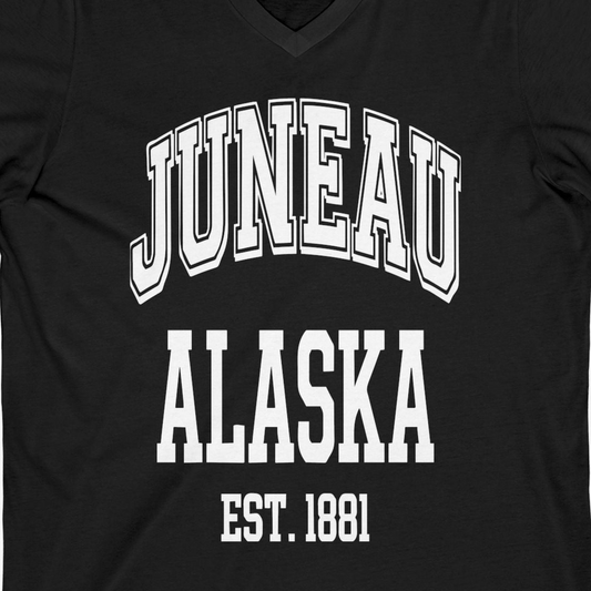 Juneau Alaska Est 1881 Classic Collegiate Souvenir Shirt — V-Neck V-Neck Shirt – Alaska Cruise Shirts Close Up