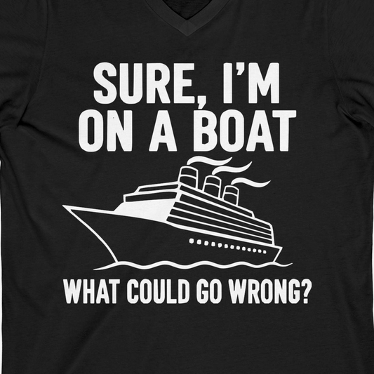 Sure I'm On A Boat Funny Cruise Vacation Graphic Shirt — V-Neck V-Neck Shirt – Alaska Cruise Shirts Close Up
