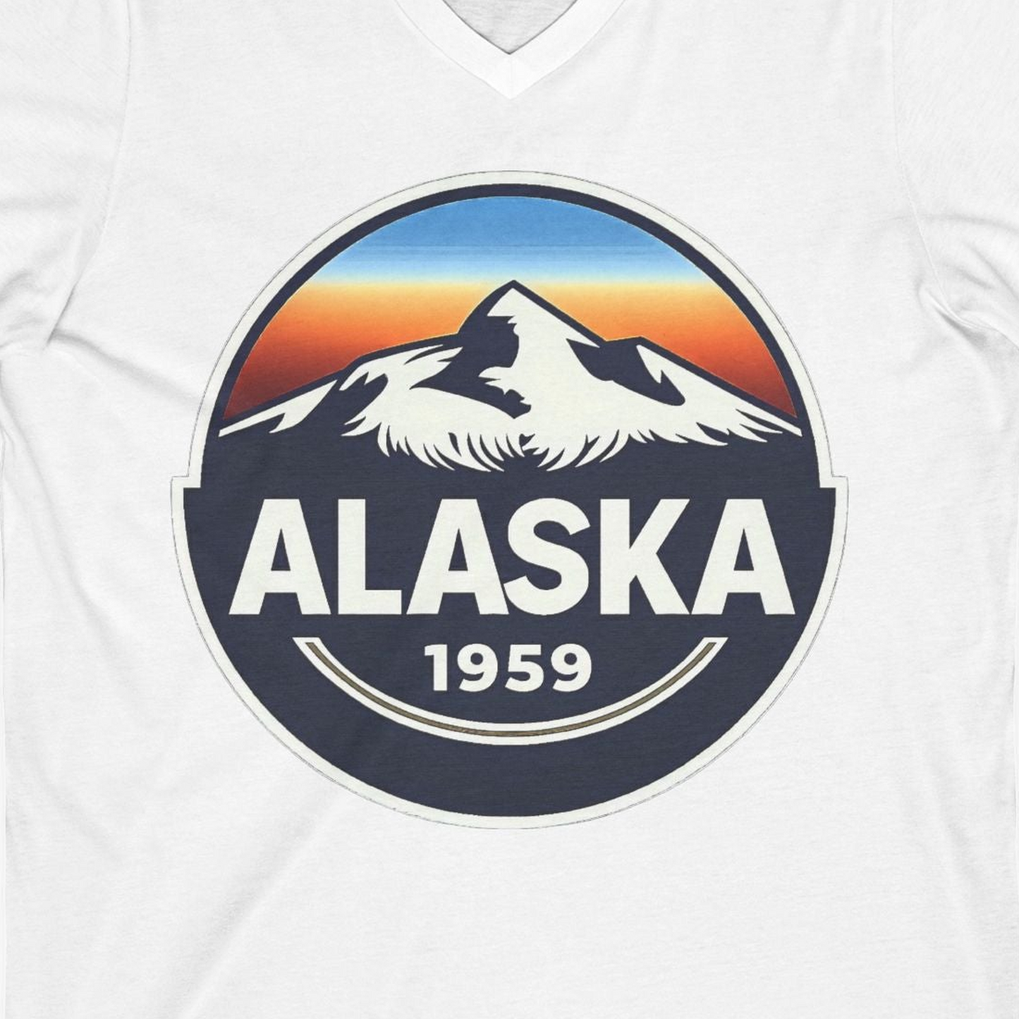 Alaska 1959 Retro Mountain Sunset Badge Shirt Vintage Statehood Tee — V-Neck V-Neck Shirt – White – Alaska Cruise Shirts Close Up