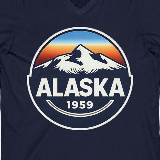 Alaska 1959 Retro Mountain Sunset Badge Shirt Vintage Statehood Tee — V-Neck V-Neck Shirt – Navy – Alaska Cruise Shirts Close Up