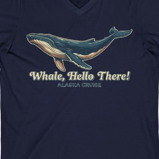 Whale Hello There Alaska Cruise Shirt V-Neck Shirt – Navy – Alaska Cruise Shirts Close Up