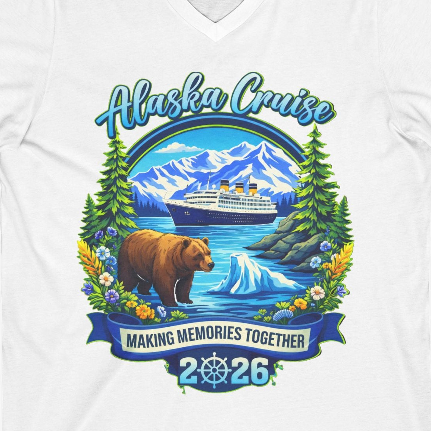 Alaska Cruise 2026 Family Shirt V-Neck Shirt – White – Alaska Cruise Shirts Close Up