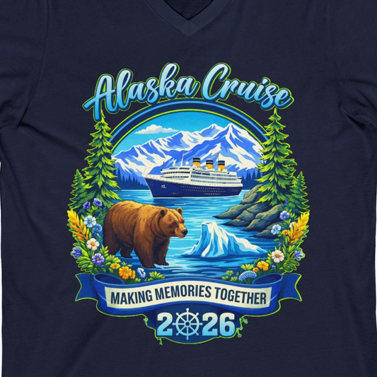 Alaska Cruise 2026 Family Shirt V-Neck Shirt – Navy – Alaska Cruise Shirts Close Up