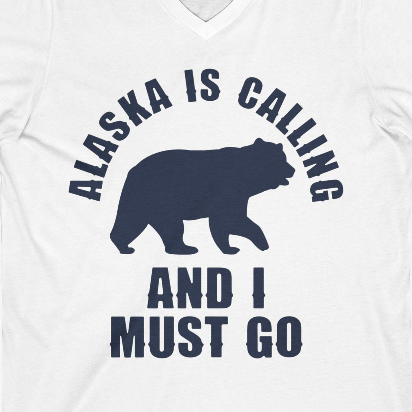 Alaska Is Calling Bear Silhouette Adventure Shirt V-Neck Shirt – White – Alaska Cruise Shirts Close Up