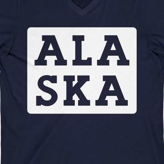 Bold Alaska Block Text Shirt V-Neck Shirt – Navy – Alaska Cruise Shirts Close Up