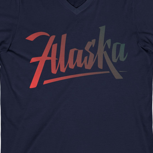 Alaska Script Wordmark Shirt V-Neck Shirt – Navy – Alaska Cruise Shirts Close Up