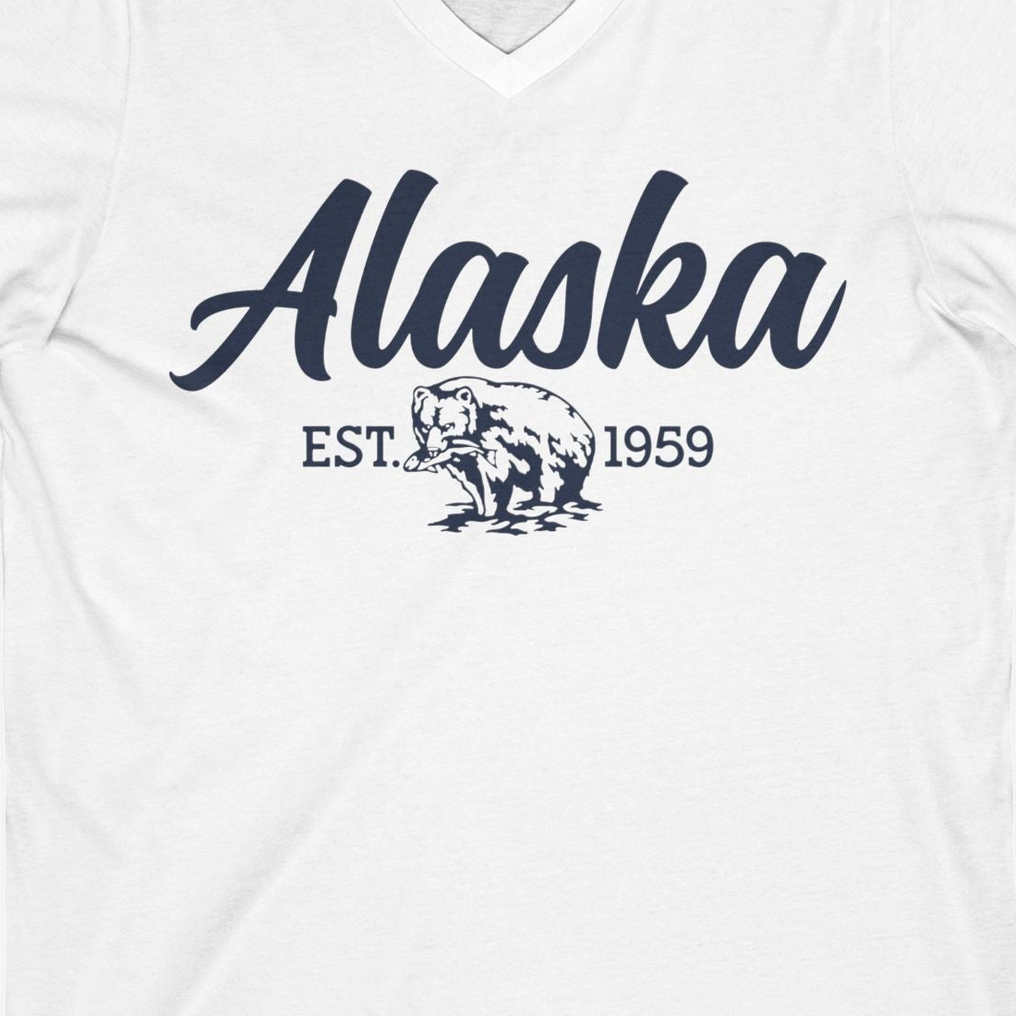 Alaska Bear Est 1959 Vintage Wildlife Graphic Monochrome Shirt — V-Neck V-Neck Shirt – White – Alaska Cruise Shirts Close Up