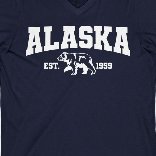 Vintage Alaska Bear Shirt V-Neck Shirt – Navy – Alaska Cruise Shirts Close Up