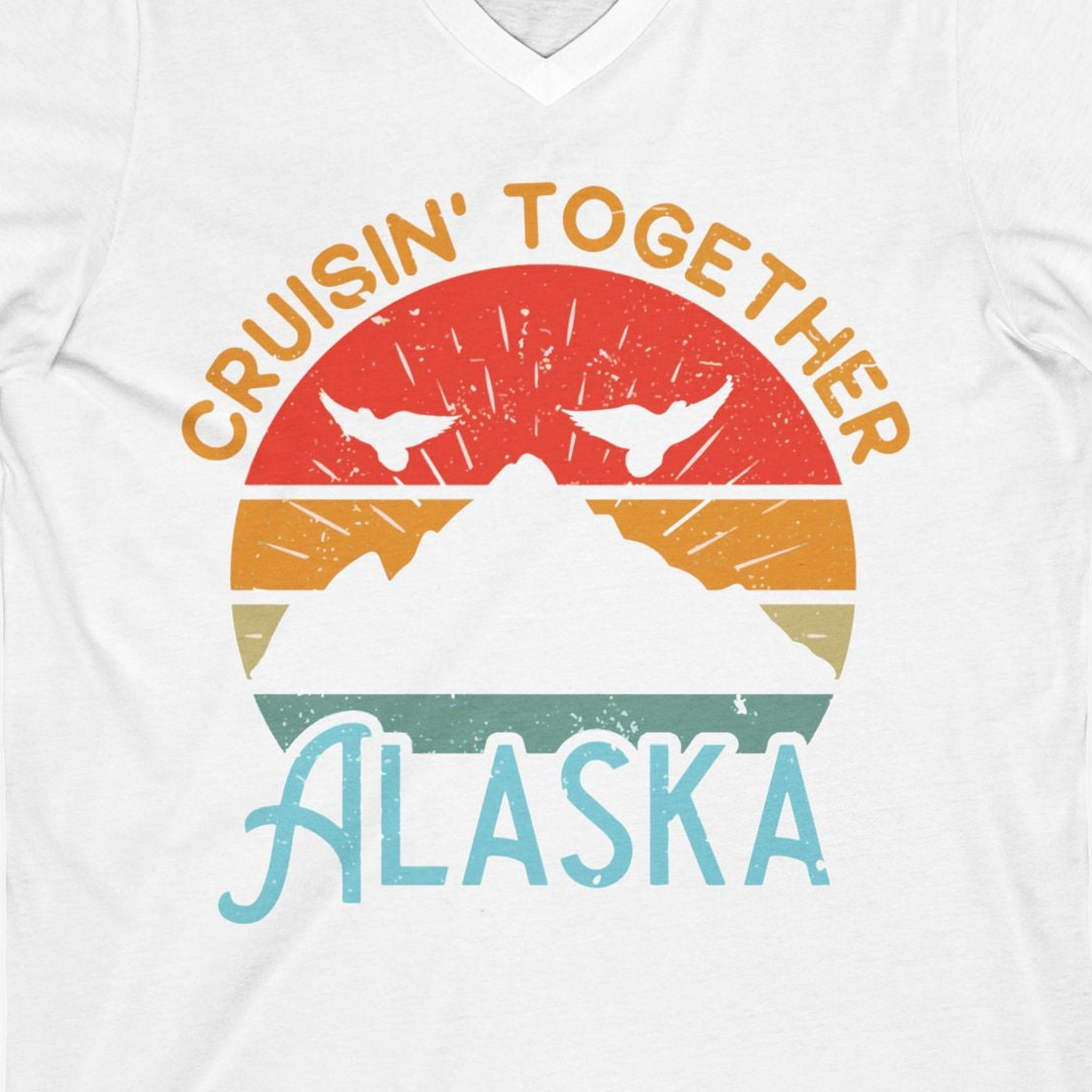 Retro Alaska Cruise Shirt V-Neck Shirt – White – Alaska Cruise Shirts Close Up
