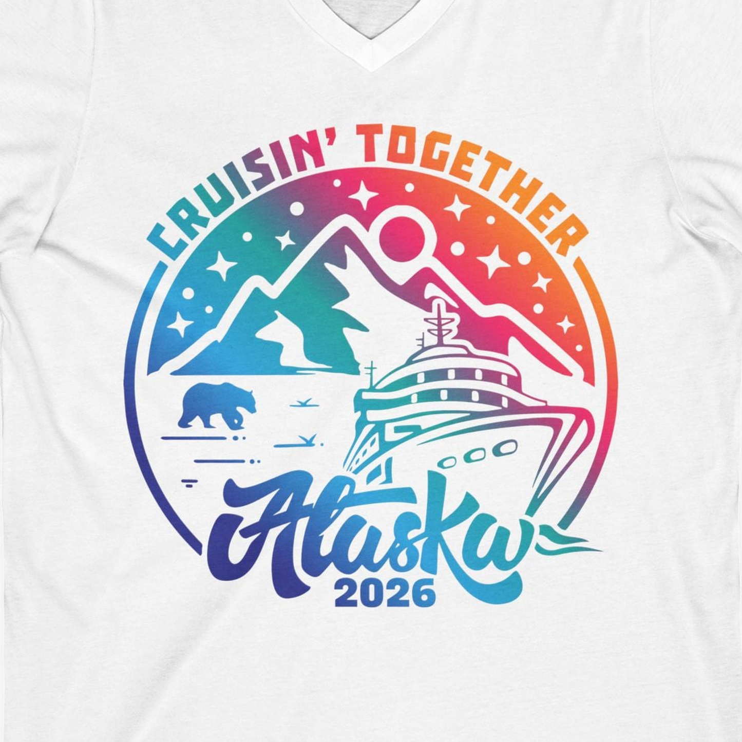 Alaska Cruise Adventure Mountains Wildlife Retro Family Group Shirt 2026 — V-Neck V-Neck Shirt – White – Alaska Cruise Shirts Close Up