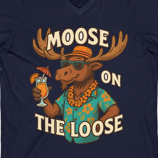 Moose On The Loose Funny Tropical Cartoon Vacation Shirt — V-Neck V-Neck Shirt – Navy – Alaska Cruise Shirts Close Up