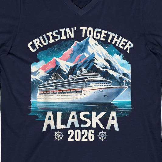 Alaska Cruise 2026 Shirt V-Neck Shirt – Navy – Alaska Cruise Shirts Close Up