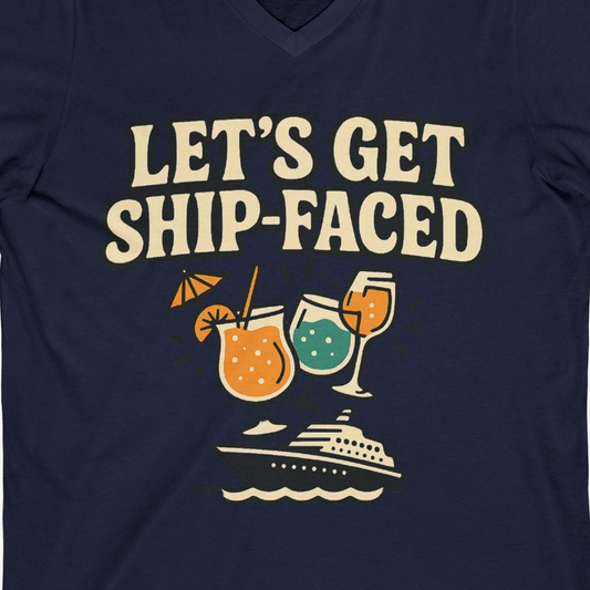 Lets Get Ship Faced Shirt V-Neck Shirt – Navy – Alaska Cruise Shirts Close Up