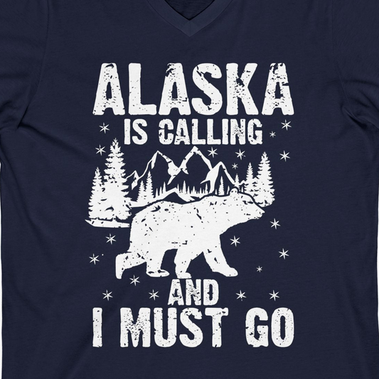 Alaska Is Calling Bear Mountain Wilderness Adventure Vintage Shirt — V-Neck V-Neck Shirt – Navy – Alaska Cruise Shirts Close Up