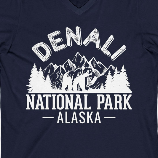 Denali National Park Bear Mountains Vintage Alaska Nature Shirt — V-Neck V-Neck Shirt – Navy – Alaska Cruise Shirts Close Up
