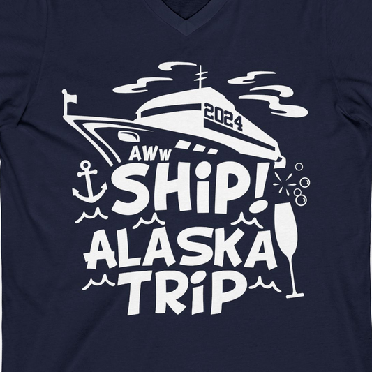 Aww Ship Alaska Cruise Shirt V-Neck Shirt – Navy – Alaska Cruise Shirts Close Up