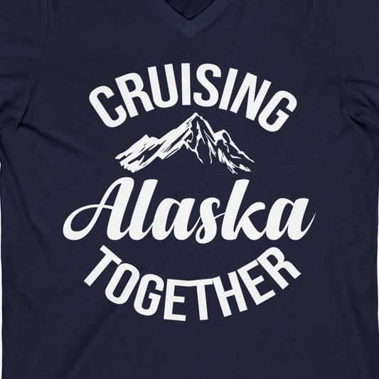 Cruising Alaska Together Mountain Adventure Travel Couples Shirt — V-Neck V-Neck Shirt – Navy – Alaska Cruise Shirts Close Up