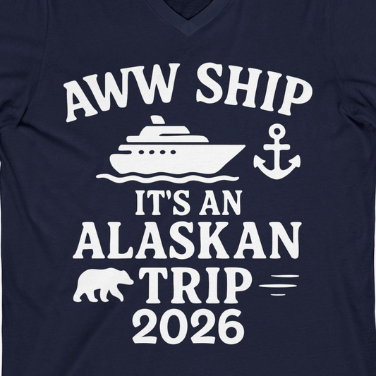 Alaska Cruise Shirt V-Neck Shirt – Navy – Alaska Cruise Shirts Close Up