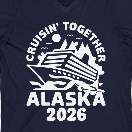 Cruisin Together Alaska Cruise Shirt V-Neck Shirt – Navy – Alaska Cruise Shirts Close Up