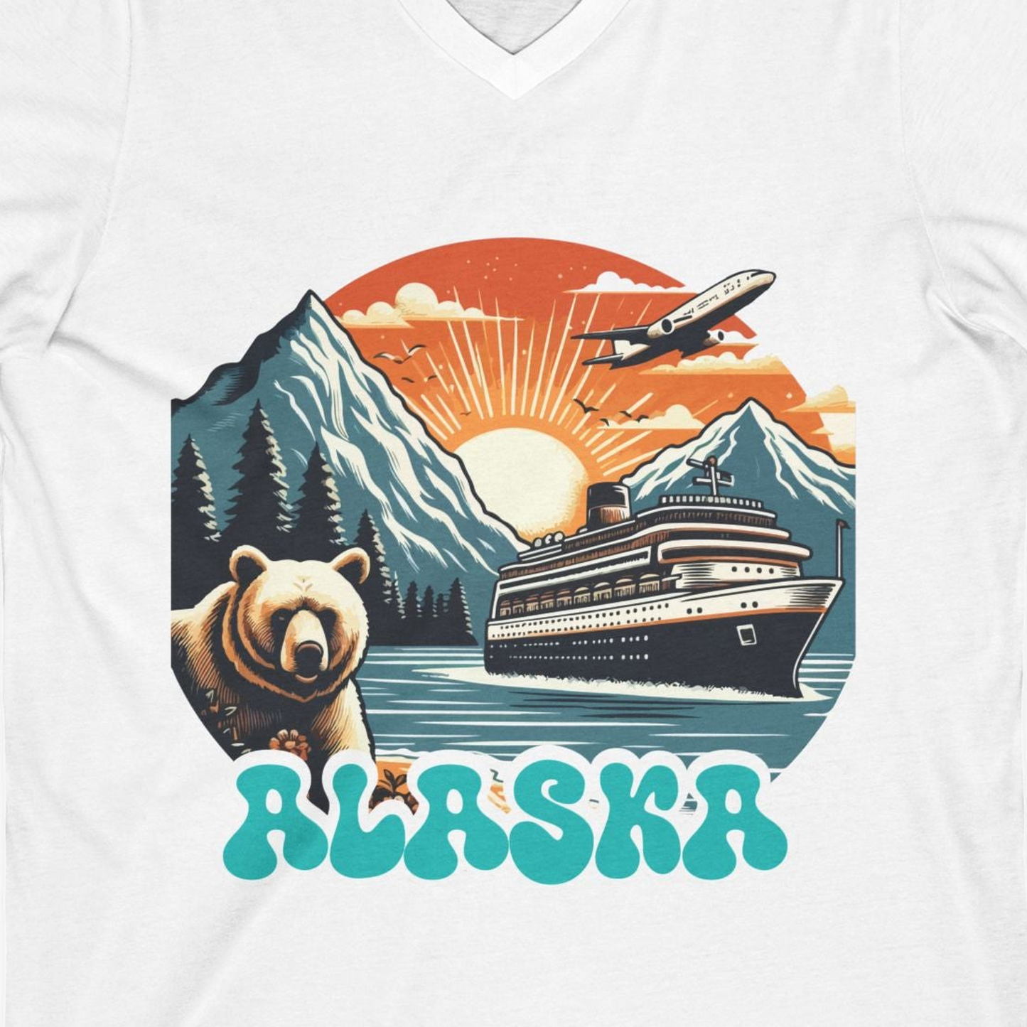 Alaska Cruise Shirt V-Neck Shirt – White – Alaska Cruise Shirts Close Up