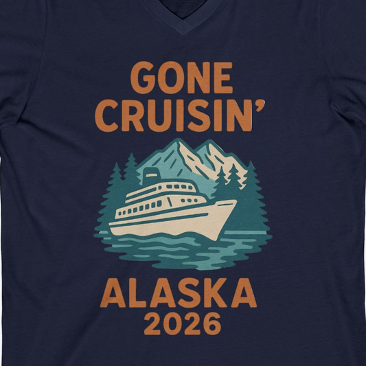 Gone Cruisin Alaska 2026 Retro Cruise Ship Nature Scenery Shirt — V-Neck V-Neck Shirt – Navy – Alaska Cruise Shirts Close Up