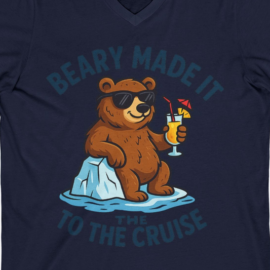 Funny Cruise Bear Shirt V-Neck Shirt – Navy – Alaska Cruise Shirts Close Up