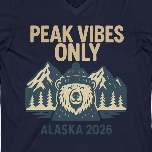 Alaska 2026 Mountain Adventure Bear V-Neck Shirt – Navy – Alaska Cruise Shirts Close Up