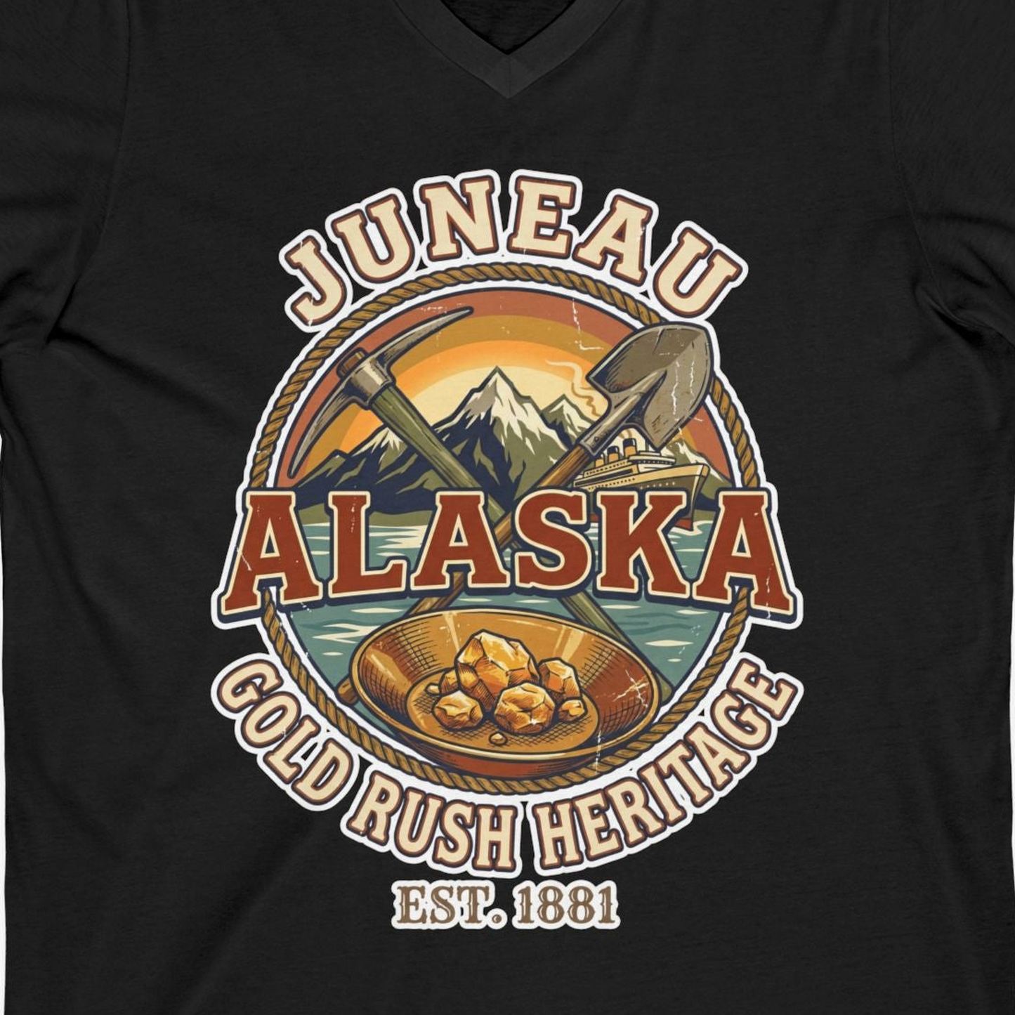 Juneau Alaska Gold Rush Heritage Vintage Travel T-Shirt — V-Neck V-Neck Shirt – Black – Alaska Cruise Shirts Close Up
