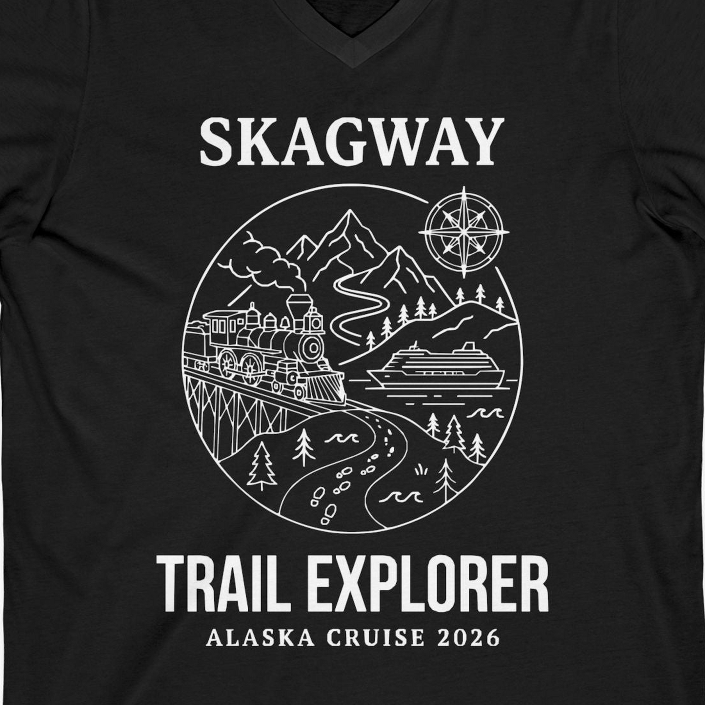 Skagway Trail Explorer Alaska Cruise Scenic Adventure Shirt — V-Neck V-Neck Shirt – Black – Alaska Cruise Shirts Close Up