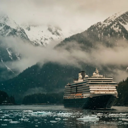 A large cruise ship navigating the icy waters of Glacier Bay during the 2026 Alaska cruise season.