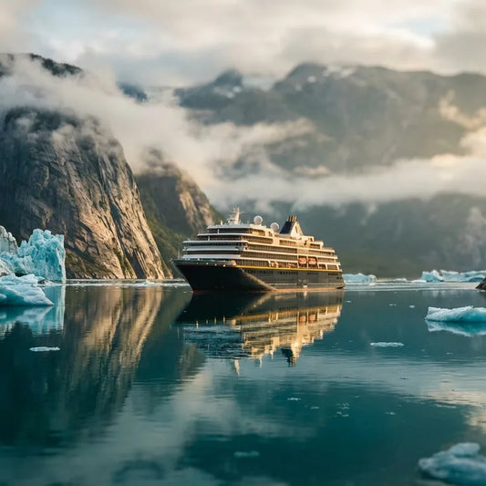 A luxury cruise ship navigating the icy waters of Glacier Bay during the Alaska cruise 2026 season.