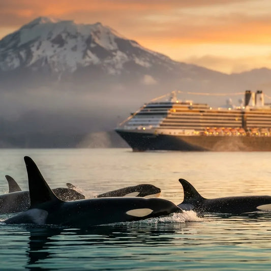 A large cruise ship sailing through the icy waters of Glacier Bay National Park in Alaska.
