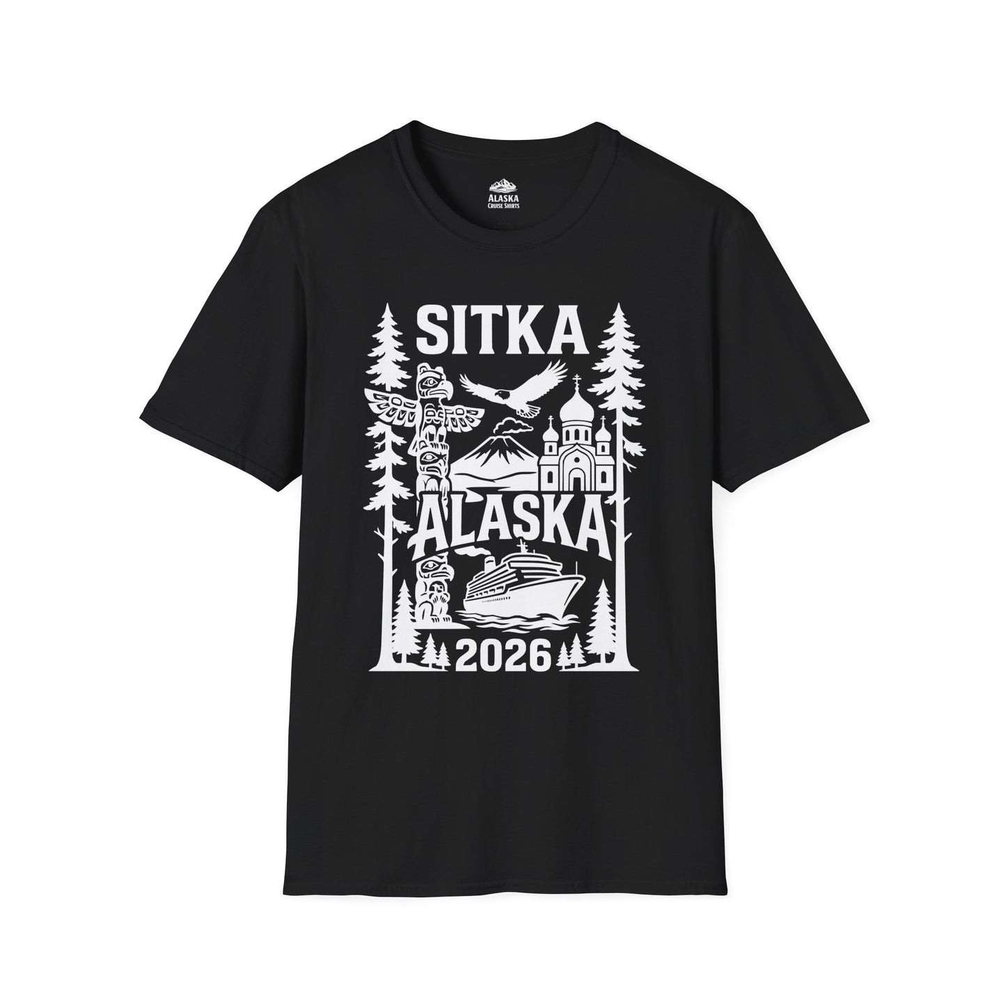 Sitka Alaska Cruise Souvenir Shirt with Totem Poles and Ship 2026 — T-Shirt