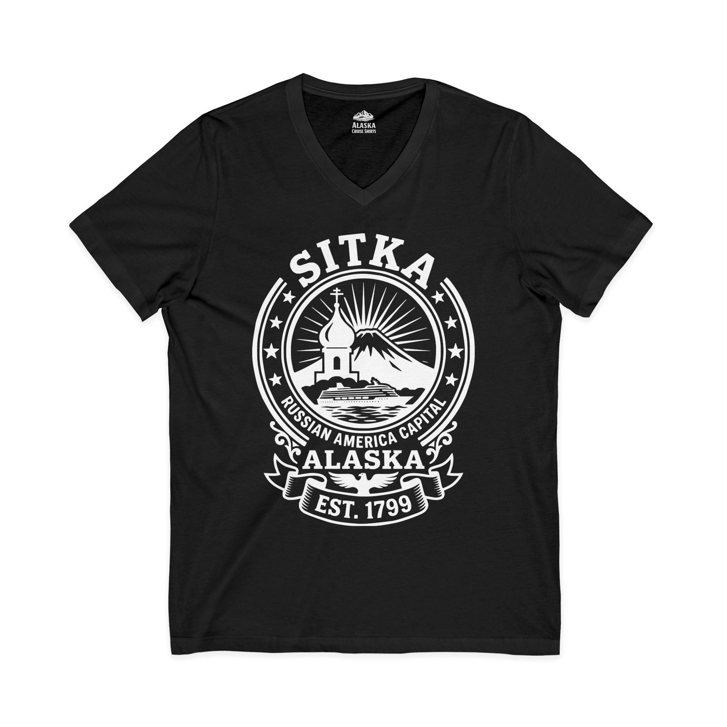 Sitka Alaska Russian America Heritage Cruise T-Shirt Est 1799 — V-Neck