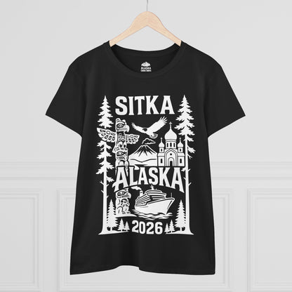 Sitka Alaska Cruise Souvenir Shirt with Totem Poles and Ship 2026 — Ladies Tee