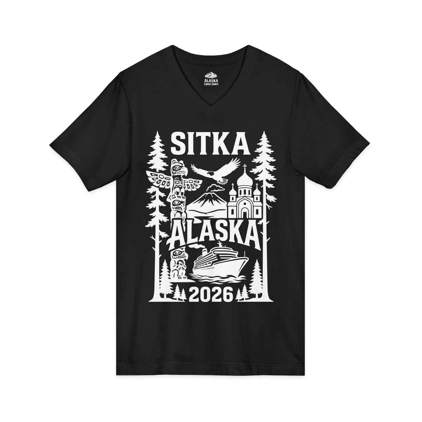 Sitka Alaska Cruise Souvenir Shirt with Totem Poles and Ship 2026 — V-Neck
